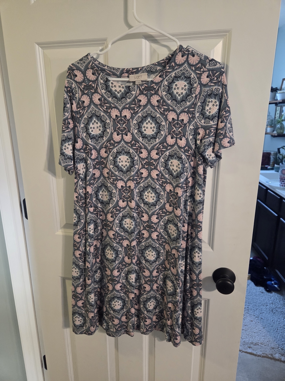 LOFT Pink & Blue Short Sleeve Printed Swing Dress
